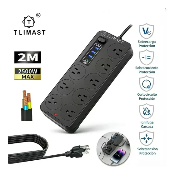 Tlimast 2 Metros Multicontactos Usb 2500w Con 8 Salidas+3 Usb+1 Tipo C 10a 110v-220v Cable De Cobre Para Electrica Extension Uso Rudo Resistente Al Fuego Protección Contra Sobrecargas Color Negro