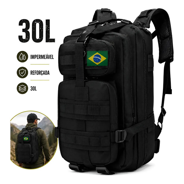Mochila Tática Militar Impermeável 30 Litros Super Reforçada Preto Aventura Trilha