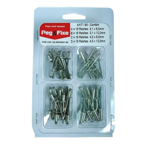 Kit Rebite Pop Repuxo Aluminio 4 Medidas 60 Peças 