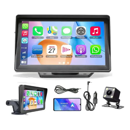 Central Multimídia Portátil 7 Polegadas com CarPlay Android Auto Tela Removível Anti-Roubo Saída FM Câmera Ré AHD 170°