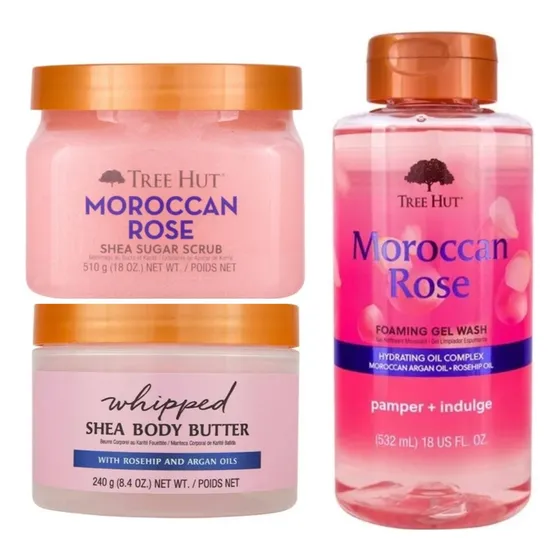 Kit Crema, Exfoliante Y Gel De Ducha Tree Hut Rosas Moroccan