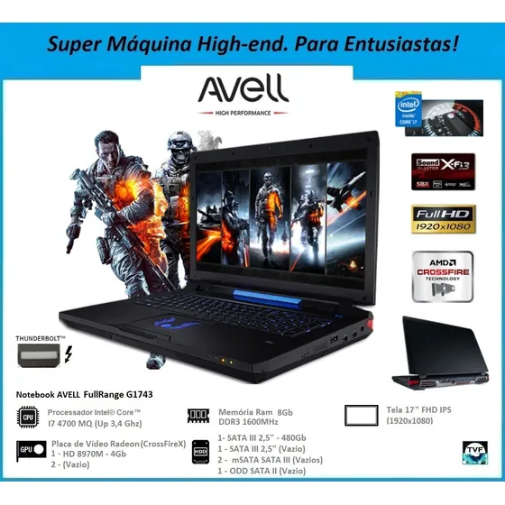 Notebook Gamer Avell G1743 I7 Mxm Hd 8970m Até 2x Gtx 980m