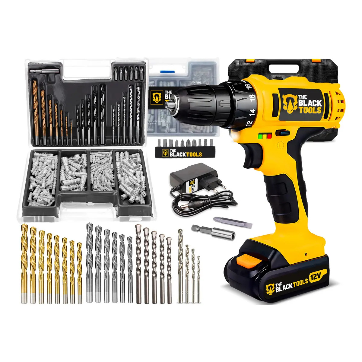 Parafusadeira Furadeira A Bateria 3/8” 10mm 1350rpm Bivolt The Black Tools + Jogo De Brocas Bits E Buchas 300 Peças Parafusadeira Furadeira A Bateria 3/8” 10mm 1350rpm Bivolt The Black Tools + Jogo De Brocas Bits E Buchas 300 Peças