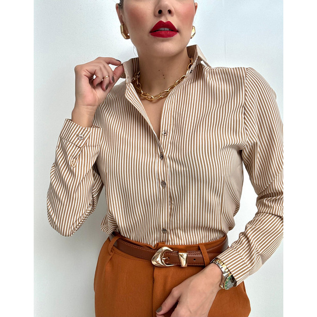 Camisa Social Listrada Botão Gola Manga Longa Tendência Camisa Social Listrada Botão Gola Manga Longa Tendência