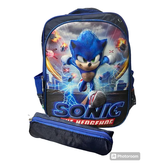 Sonic Azul Bolso Morral Escolar + Cartuchera Grande
