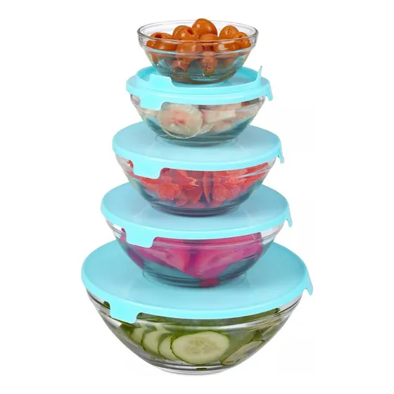 Set 5 Bowls De Vidrio Tapa Plástica Apilables Microondas