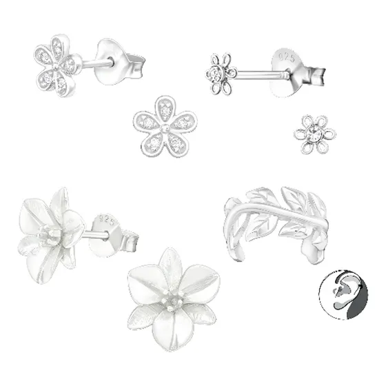 Conjunto Aros De Flores Plata 925 Pendientes + Caja Regalo