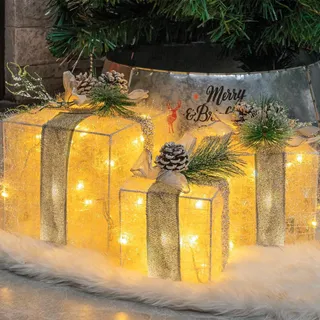 Juego De 3 Cajas De Regalo Con Iluminación Navideña, Hourlee Juego De 3 Cajas De Regalo Con Iluminación Navideña, Hourlee