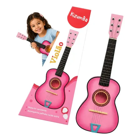 Violão Infantil Acústico Mini Violão com 6 Cordas de Aço Instrumento Musical de Madeira para Criança Iniciante Som Real Iniciação Musical 58 cm Rosa Kizumba