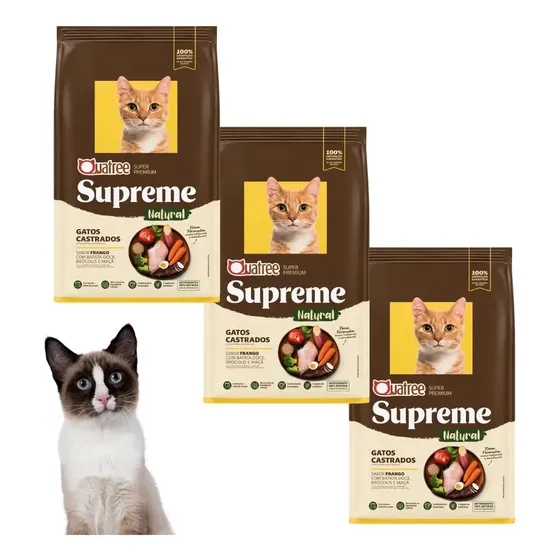 Kit 3 Ração Quatree Supreme Frango e Batata Doce Adulto Gato Castrado 1kg