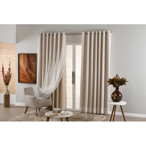Cortina Blecaute Tecido 3,00x2,50 Com Voil Sala/quarto Cor Areia / Palha