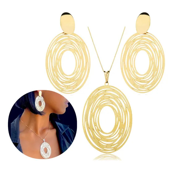 Conjunto Maxi Brinco E Colar Oval Grande Semijoia Dourado