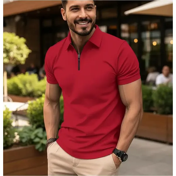 Camiseta Gola Polo Pique Masculina Ziper Manga Curta Verão