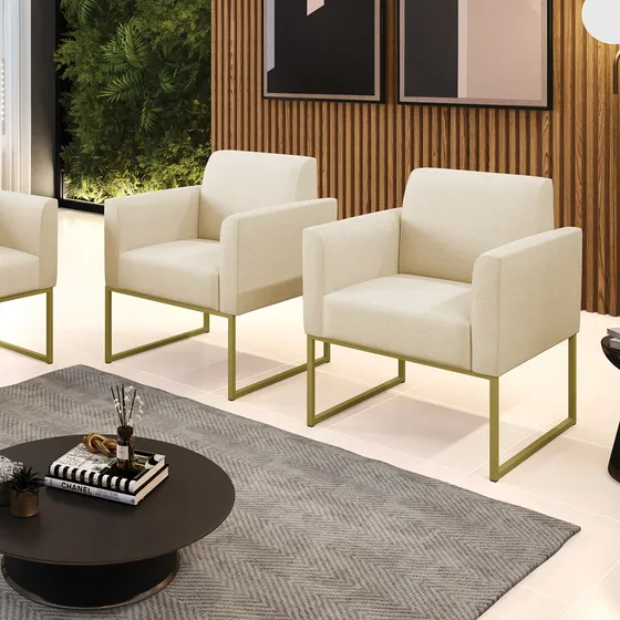 Kit 02 Poltronas Marisa Linho Bege Base Metálica Dourado