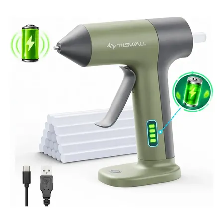 Tilswall Pistola de cola quente sem fio bateria 2000mAh, pré-aquecimento rápido 30s, desligamento automático 5min, bico anti-gotejamento. Acompanha 20 bastões de cola para artesanatos e reparos