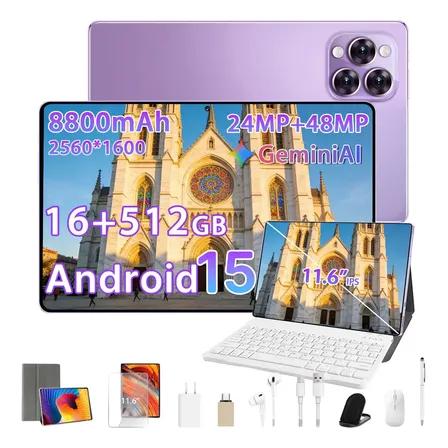 Tablet Pad Tablets Hancdon Pad Pro12 Android 15 de 11,6" com Kit Teclado, Mouse e Caneta 16GB Ram 512GB Rom Hd Tela Apoia Wifi 6 5g Dual Sim Bateria 8800mAh Profissional 2 Em 1 Tablet PC Cor Violeta