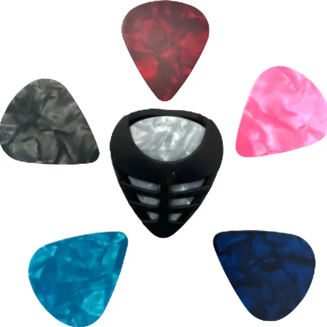 Jogo 5 Palhetas + Porta Palhetas P/ Violão Guitarra Média 