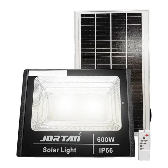 Reflector Lámpara Led Exterior 600w Marca Jortan + Panel Solar De 25w + Control Carcasa Negro Luz Blanco Frío