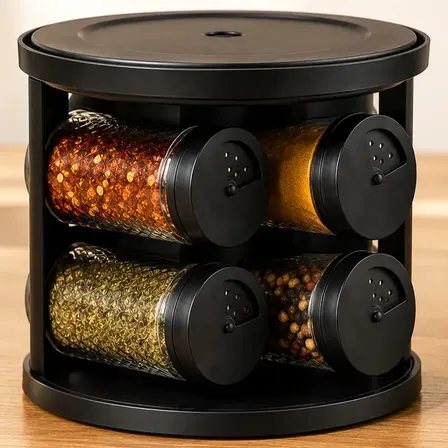Porta Temperos E Condimentos Giratório Com 6 Potes De Vidro Preto Organizador Cozinha