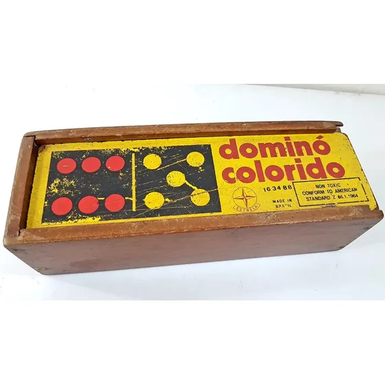 Antigo Dominó Estrela Anos 60 Colorido Na Caixa De Madeira