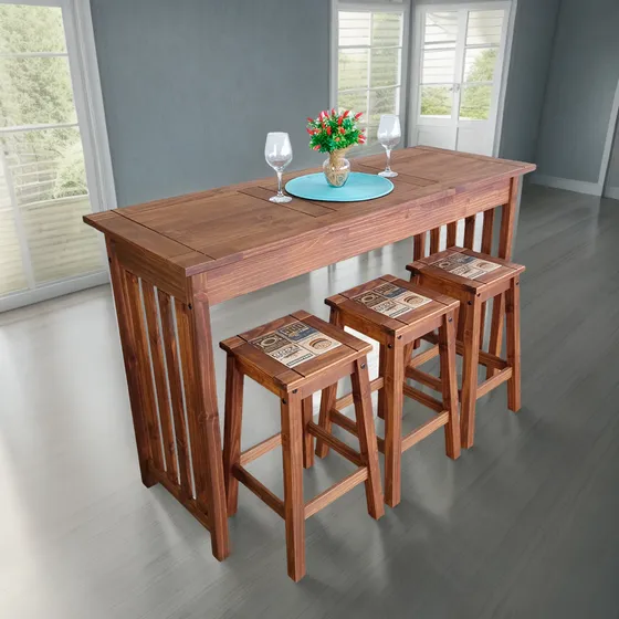 Mesa Bancada Com 3 Banquetas Alta Estilo Gourmet Cozinha
