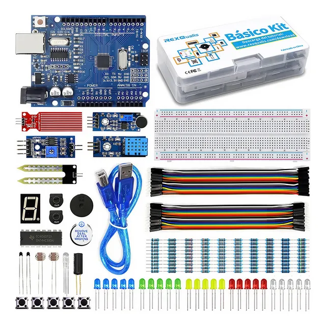 REXQualis Básico Kit Compatible Con Arduino Uno Con Español Tutorial, Placa controladora CH340 UNO R3, placa de pruebas 830, 120 resistencias y otros módulos diversos