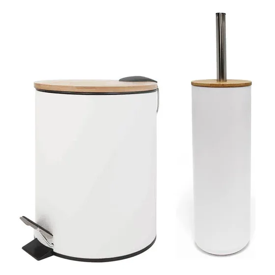 Set Tachos De Basura 3 Lts Y Escobilla Baño Blanco Madera
