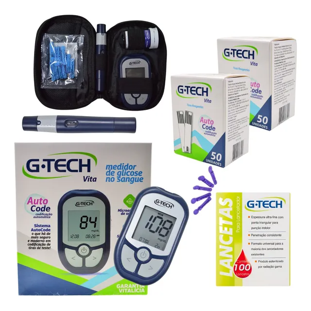 Kit Medidor Glicemia Monitor Glicose 100 Tiras 100 Lancetas
