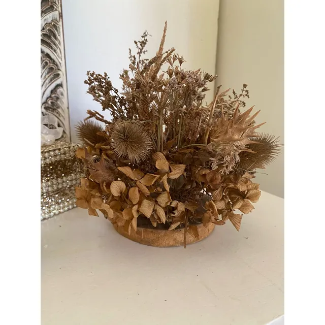Centro De Mesa Navidad Flores Secas Con Vela Led Base Madera