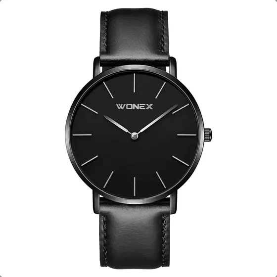 Relógio Masculino Wonex Minimalista Quartzo Fusion Slim 40mm Correia Preto Bisel Preto Fundo Preto