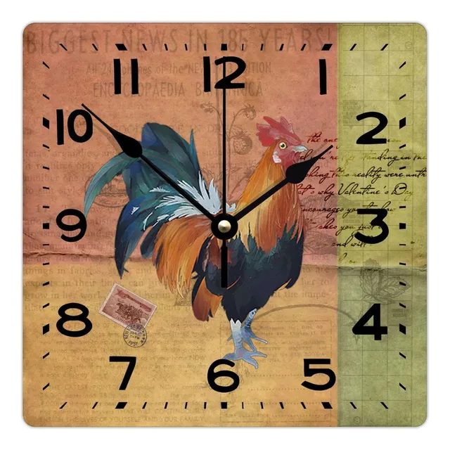 Reloj Pared Cuadrado Madera Diseño Gallo Pollo Tictac Estilo
