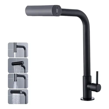 Torneira Cozinha Bancada Inox 304 Água Fria Bica Alta Gourmet 4 Modos De Água Estilo Cascata Torneira Pia Cozinha Moderna, Torneira Flexivel, Torneira De Cozinha Cor Preto Premium Para Cuba Gourmet