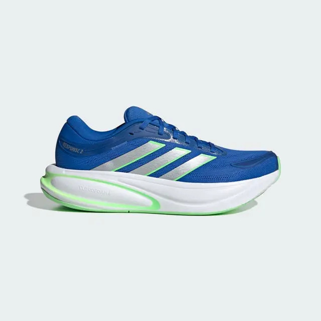 Tênis masculino adidas Response 2 na cor azul com detalhes prateados e solado branco com contorno verde limão, visto de perfil