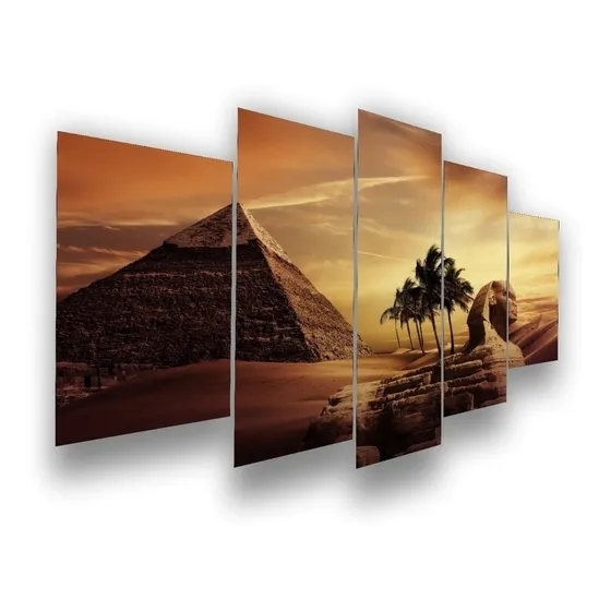 Quadro Mosaico 5 Partes Pirâmides Esfinge Egito 4k  Mdf 