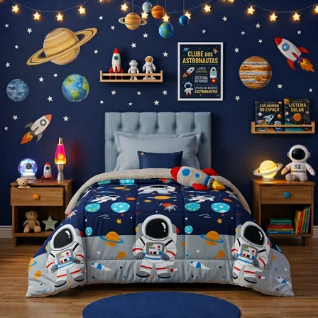 Coberdrom Infantil Solteiro Dupla Face Astronauta Space Azul Space Astronauta
