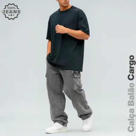 Calça Jeans Cargo Masculina Streetwear Preta Mescla 34 Ao 44