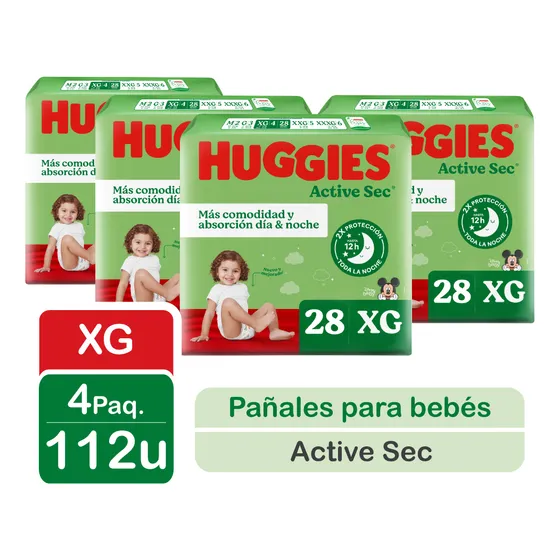 4 Paquetes Pañales Huggies Active Sec Talla Xg 112 Un Género Sin género Tamaño Extra grande (XG)