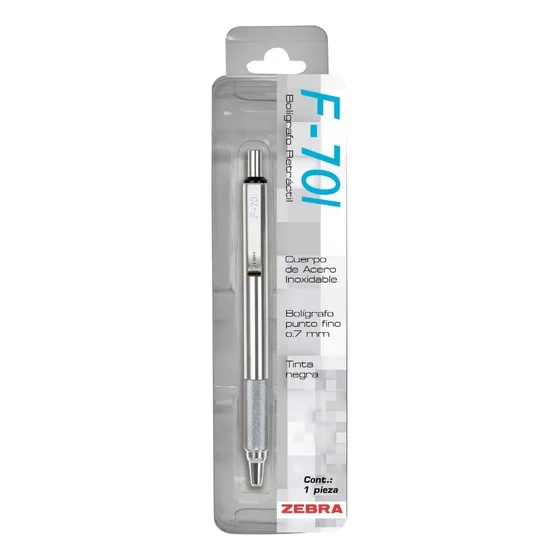 Bolígrafo Retráctil F-701 Punto Fino (0.7 Mm) Zebra 1 Pieza. Exterior Acero Inoxidable