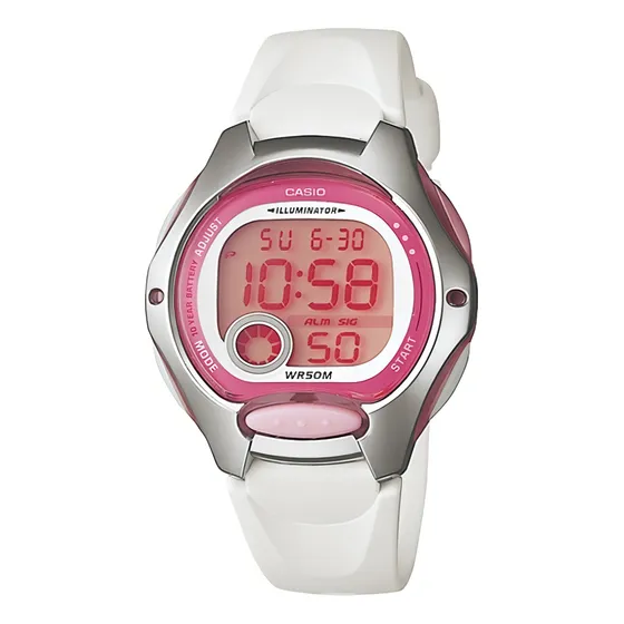 Reloj pulsera digital Casio LW-200-7AV con correa de resina color blanco - fondo rosa - bisel rosa/plateado