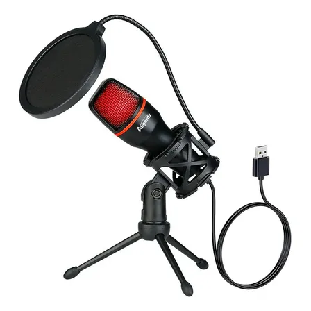 Microfone Condensador USB Augerdz ME4-RGB Gamer Preto Para Gravação e Streaming