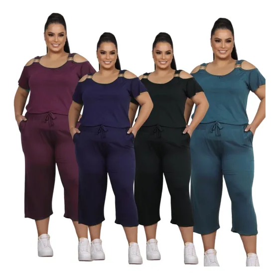 Conjunto De Verão Plus Size Calça Pantacourt E Ciganinha