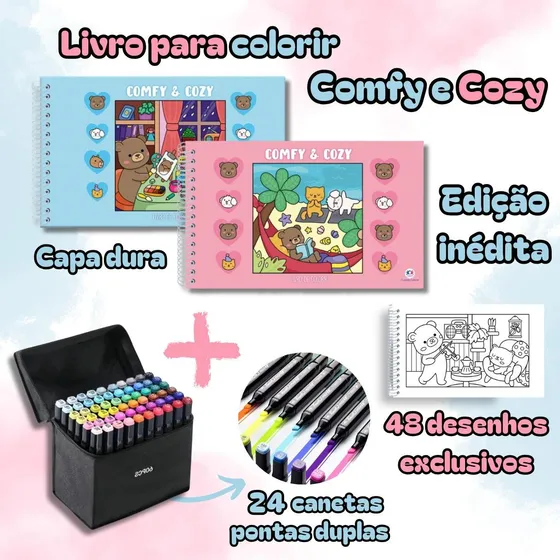 Kit Livro De Colorir Tipo Bobbie Goods Comfy E Cozy Capa Dura 50 Páginas Desenhos Com Conjunto Estojo Caneta Touch Canetinhas 24 Cores Ponta Dupla