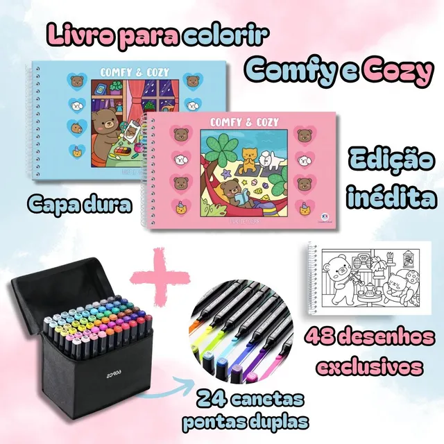 Kit Livro De Colorir Tipo Bobbie Goods Comfy E Cozy Capa Dura 50 Páginas Desenhos Com Conjunto Estojo Caneta Touch Canetinhas 24 Cores Ponta Dupla