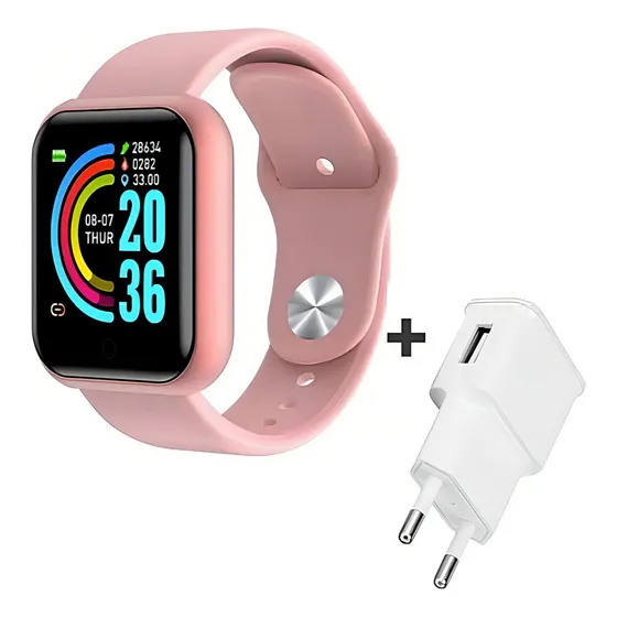 Smartwatch P/ Celular iPhone Samsung Motorola Xiaomi + Fonte Cor da caixa Rosé Cor da pulseira Rosa Cor do bisel Rosa