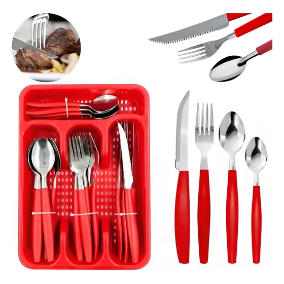 Kit Talheres 24 Pecas Porta Talher Luxo Premium Cor Vermelho