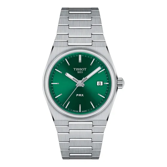 Relógio Tissot Prx T137.210.11.081.00 35 Mm Quartz Verde Correia Prata Bisel Prata