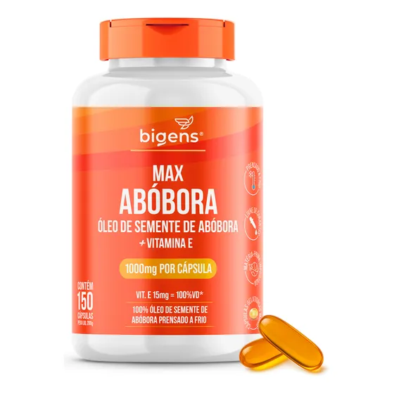 Max Abóbora, Óleo De Semente De Abóbora Com Vitamina E, 1000mg, Prensado A Frio, 150 Cápsulas, Bigens