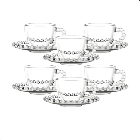 Jogo De Xícaras E Pires Em Vidro 12 Peças Chá Bolinha Pearl
