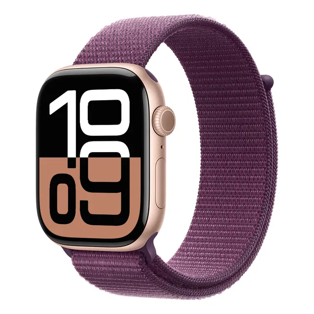 Apple Watch Series 10 GPS • Caja de aluminio color oro rosa de 46 mm • Correa loop deportiva color ciruela