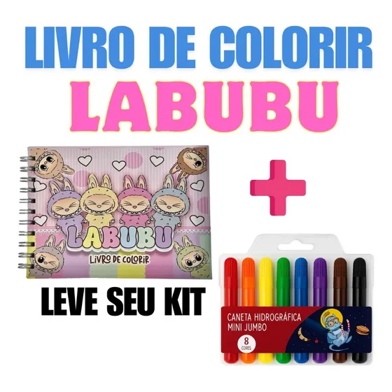 Kit Livro Colorir Labubu + 8 Canetinhas Coloridas Infantil